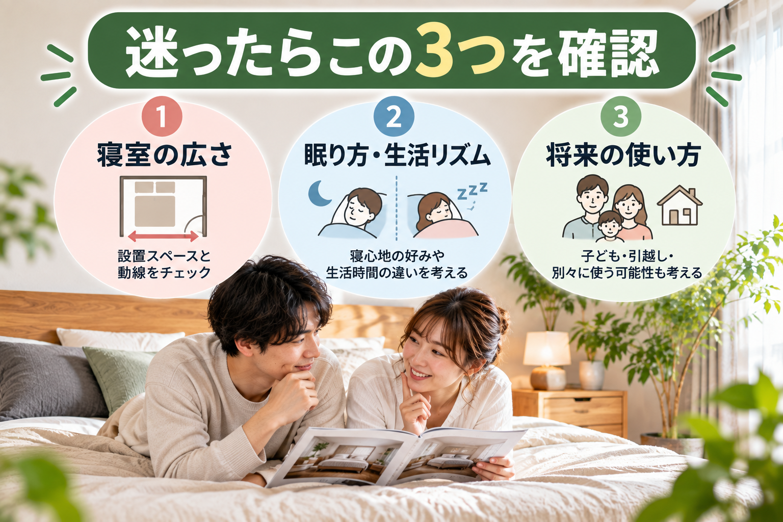 新婚夫婦が寝室の広さ・眠り方・将来の使い方からベッドを選ぶ様子