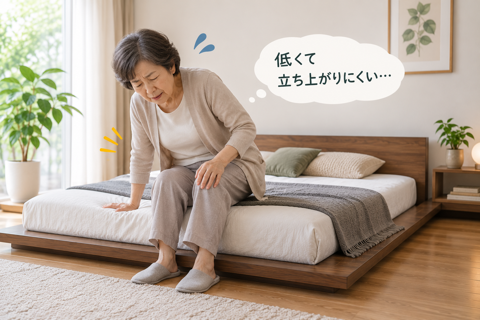 ローベッドから立ち上がりにくそうにしている