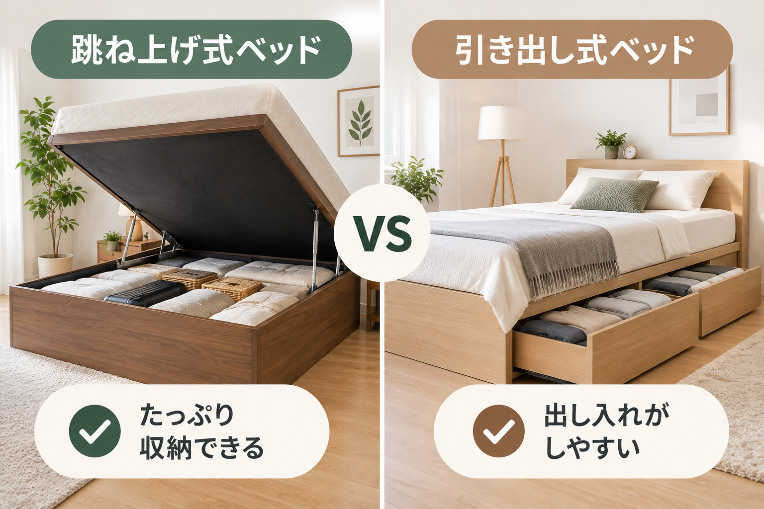 跳ね上げ式ベッドと引き出し式ベッドを比較