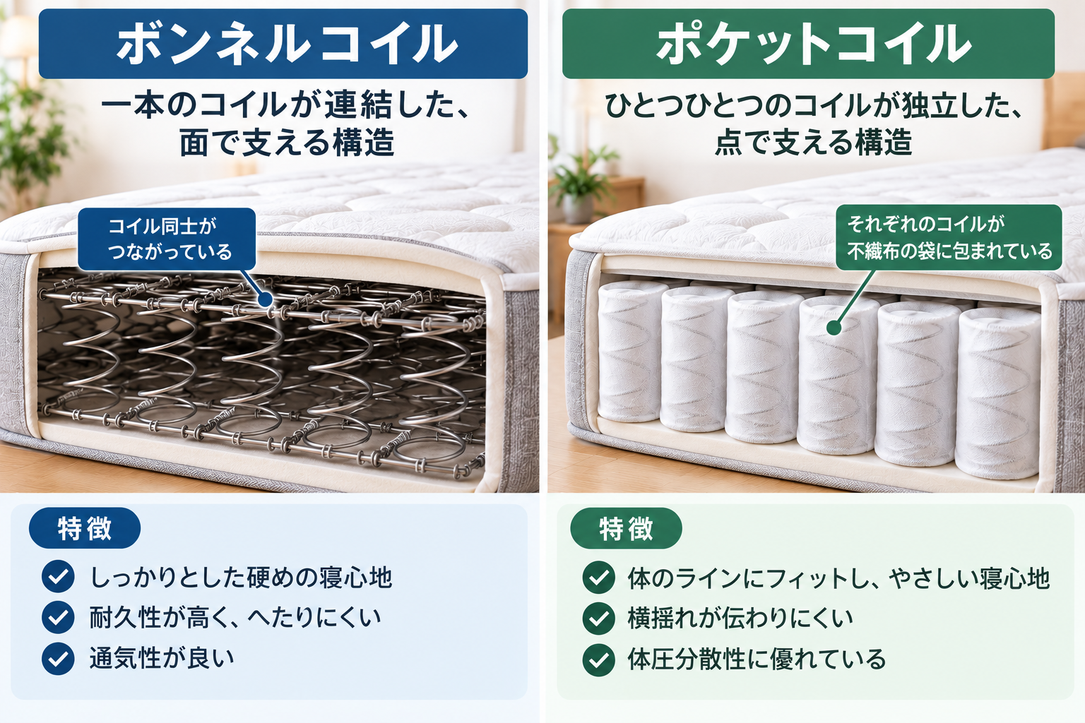 ボンネルコイルとポケットコイルの構造