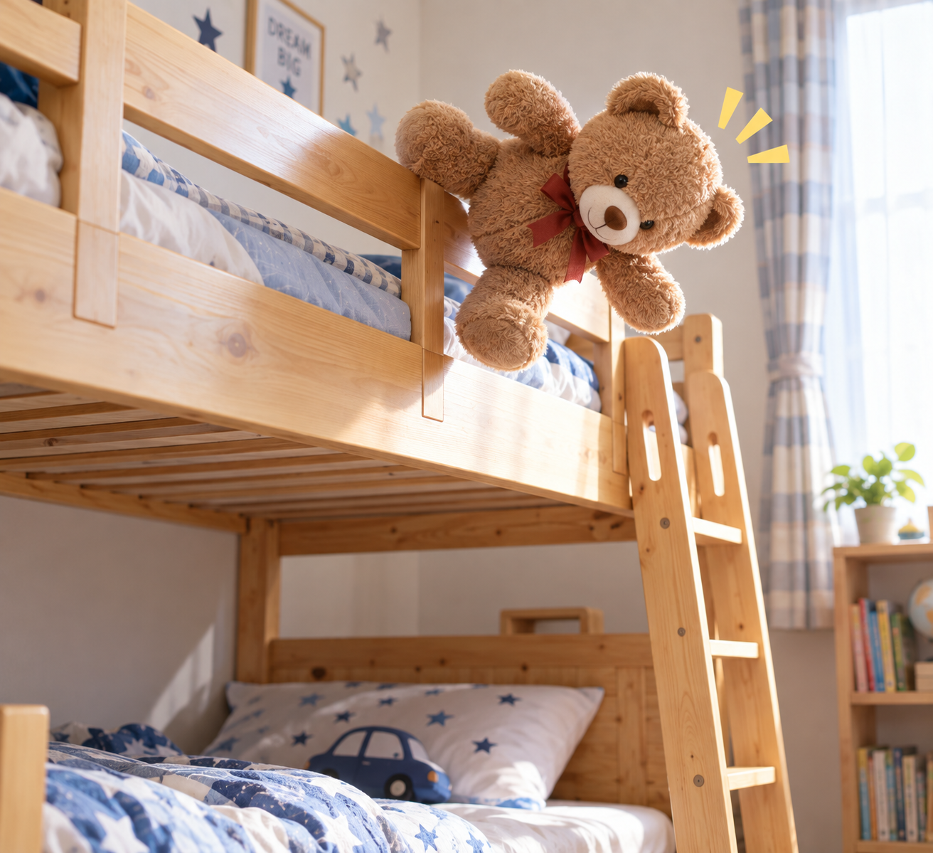 二段ベッドの上段からぬいぐるみが落下しそうになっている