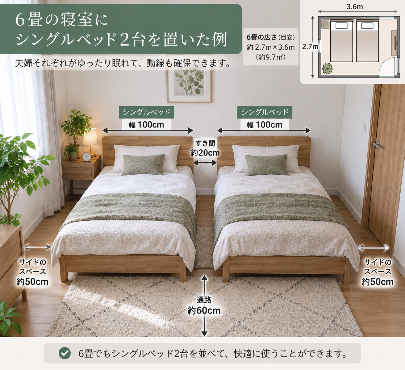 6畳にシングルベッド2台置いている