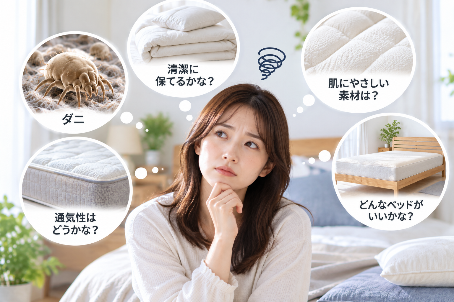 アトピーの女性が寝具との関係を考えている