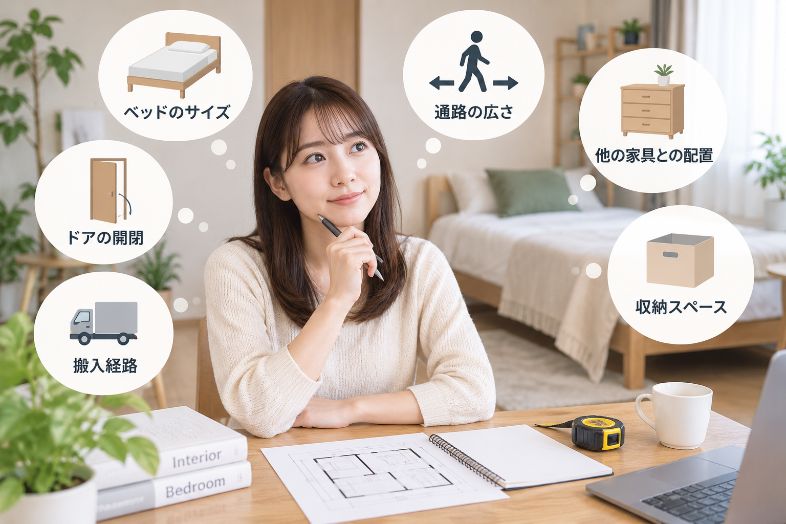 狭い部屋にベッドを置くときに何をチェックすれば良いか考えている