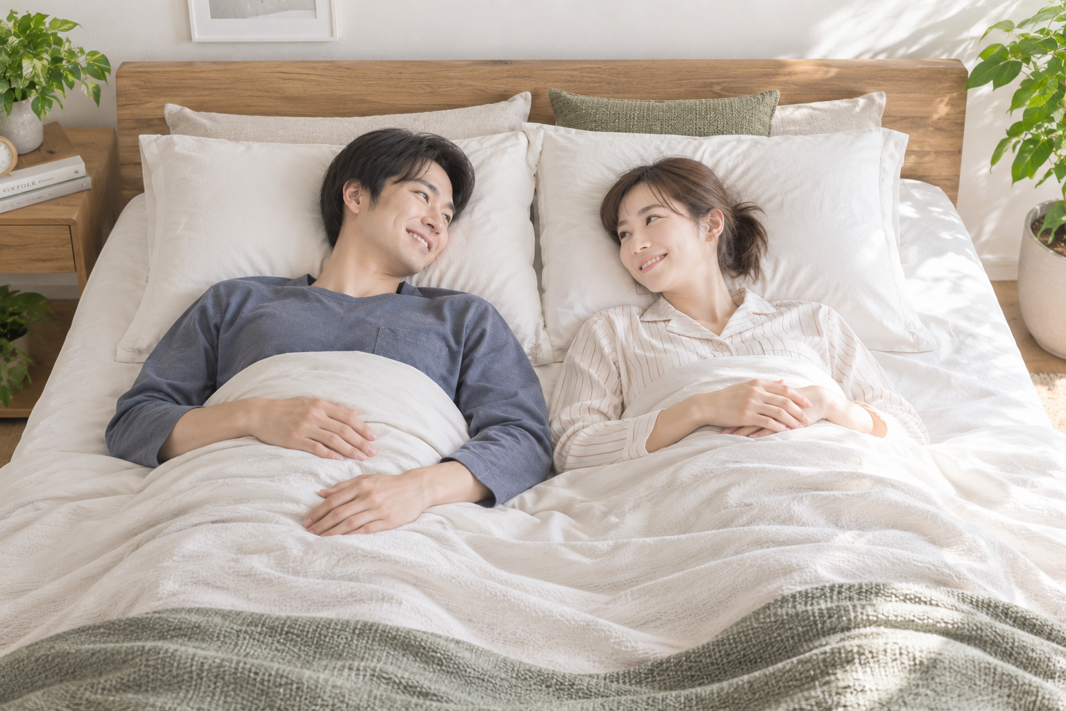 新婚夫婦がベッドで横になっている