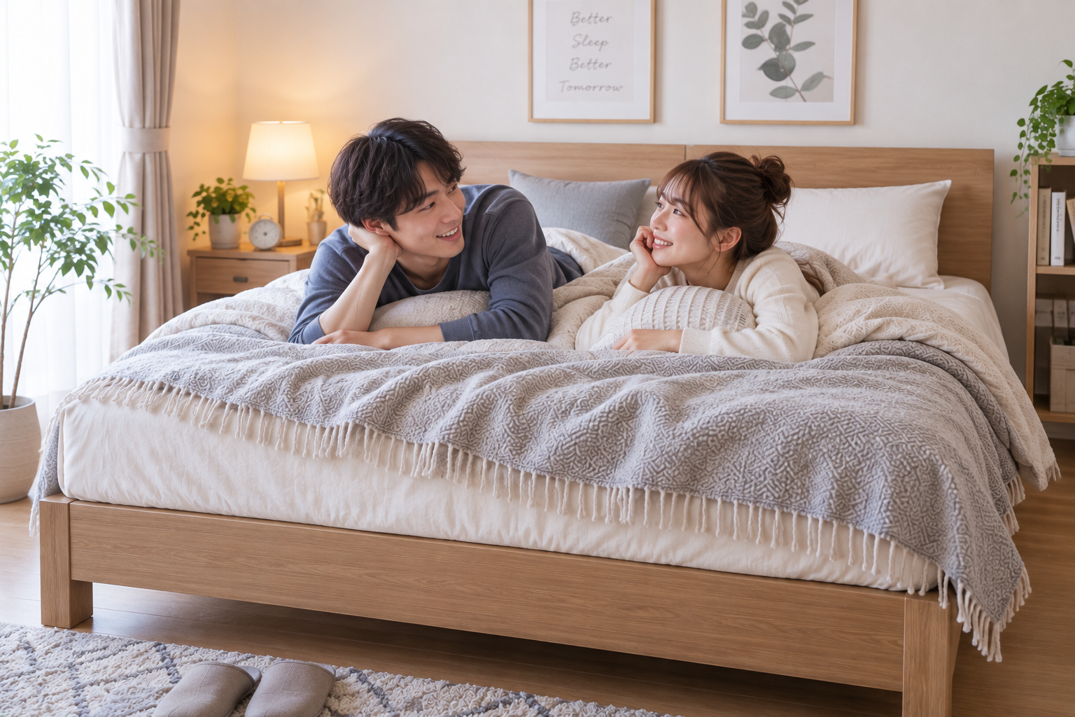 クイーンベッドで若いカップルが話している