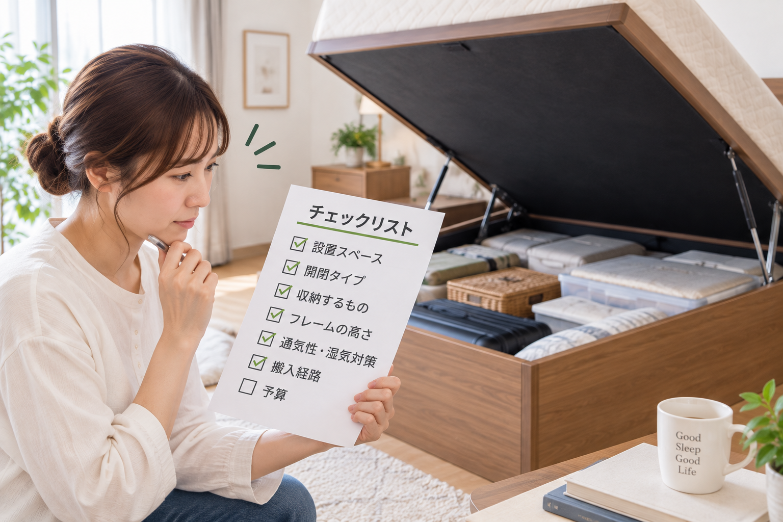 跳ね上げ式ベッドで後悔しないようにチェック項目を確認している女性