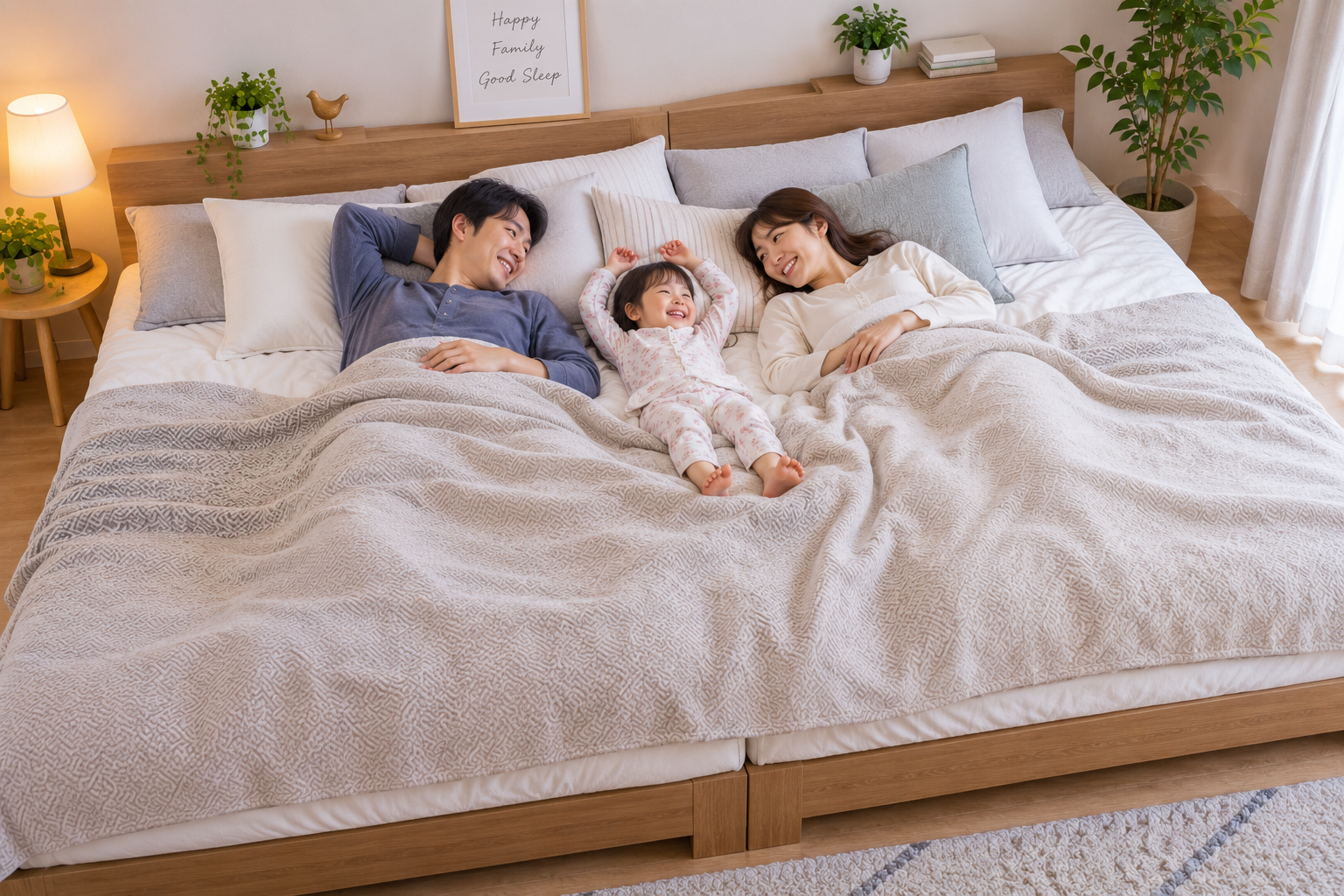 幼児と両親がワイドキングベッドで横になっている