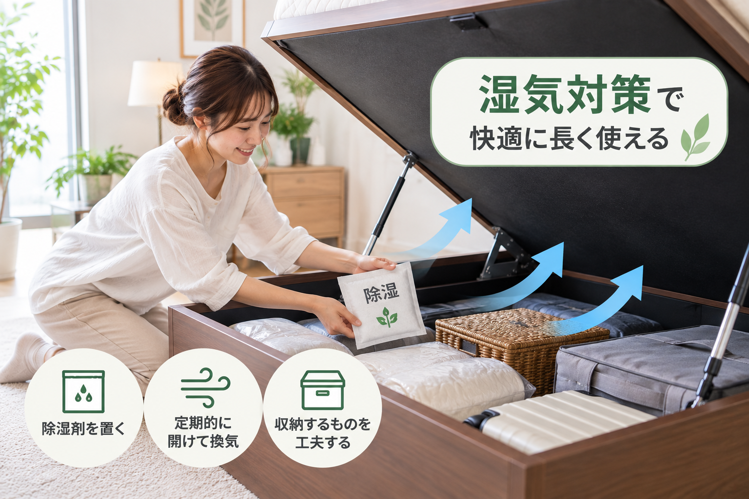 跳ね上げ式ベッドの湿気対策をしている