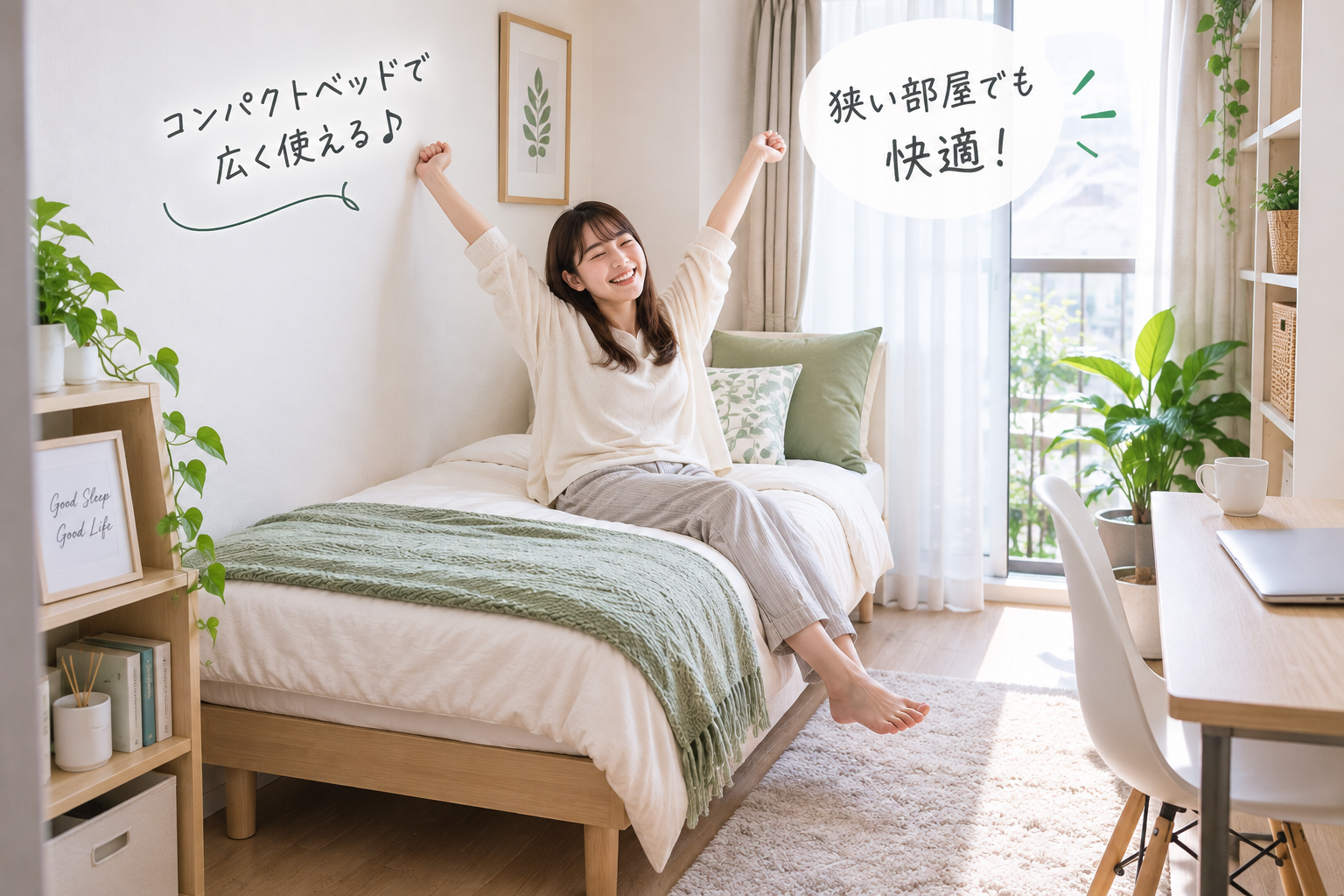 狭い部屋にコンパクトベッドを置いて喜んでいる