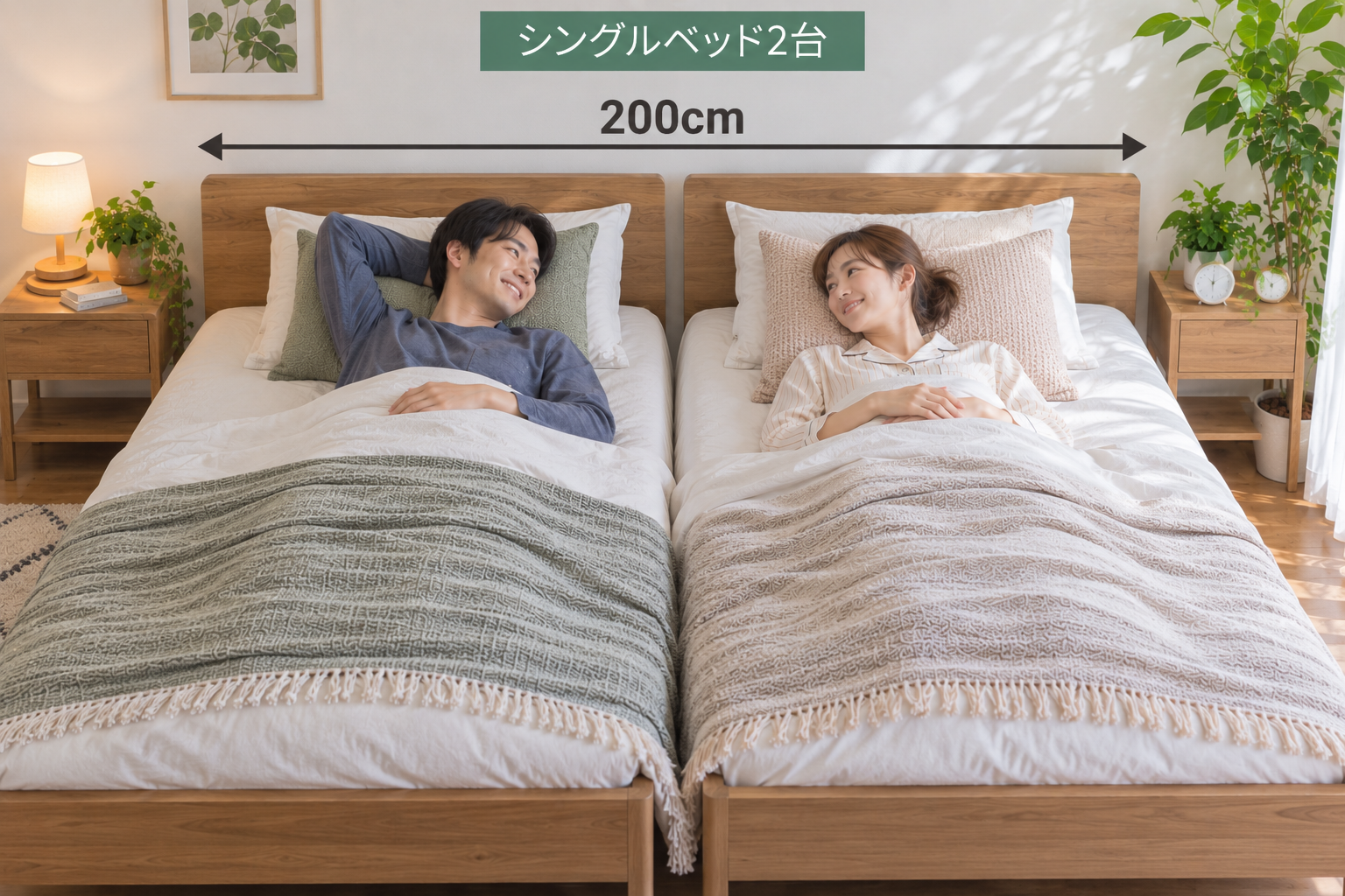 シングル2台 に新婚夫婦が横になっている