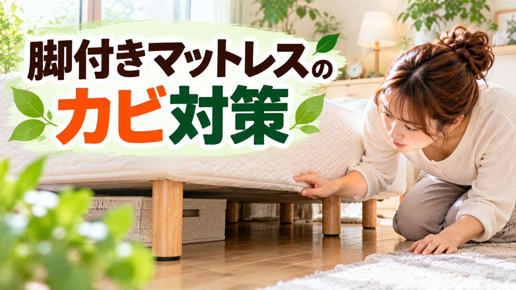 脚付きマットレスの底面を確認する女性