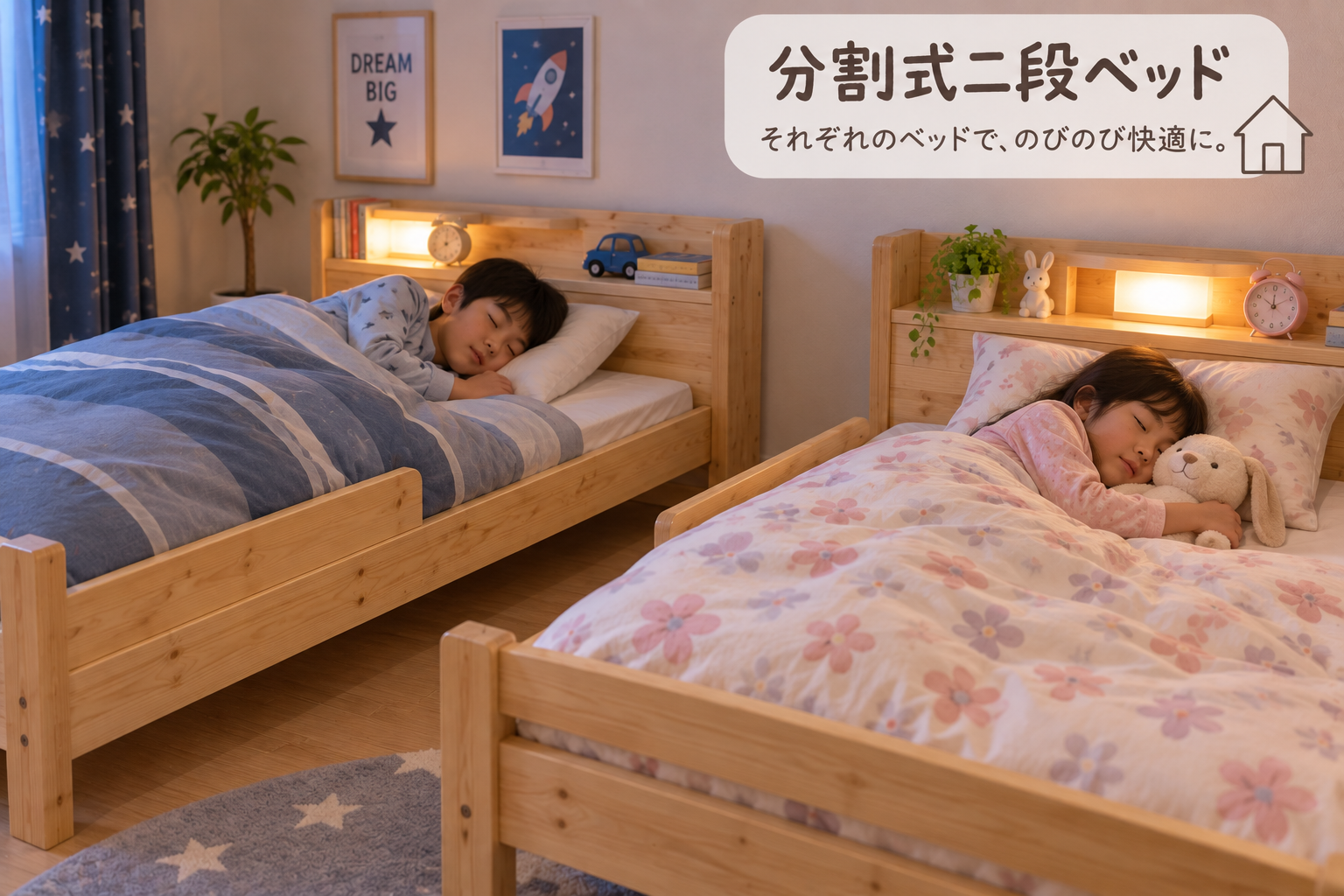 分割式二段ベッドに子供達が寝ている