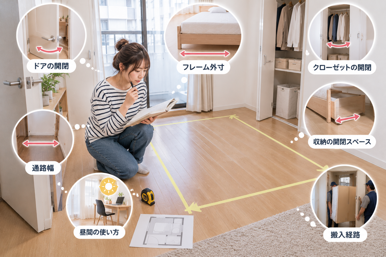 狭い部屋でベッドを置く前に確認事項をチェックしている女性