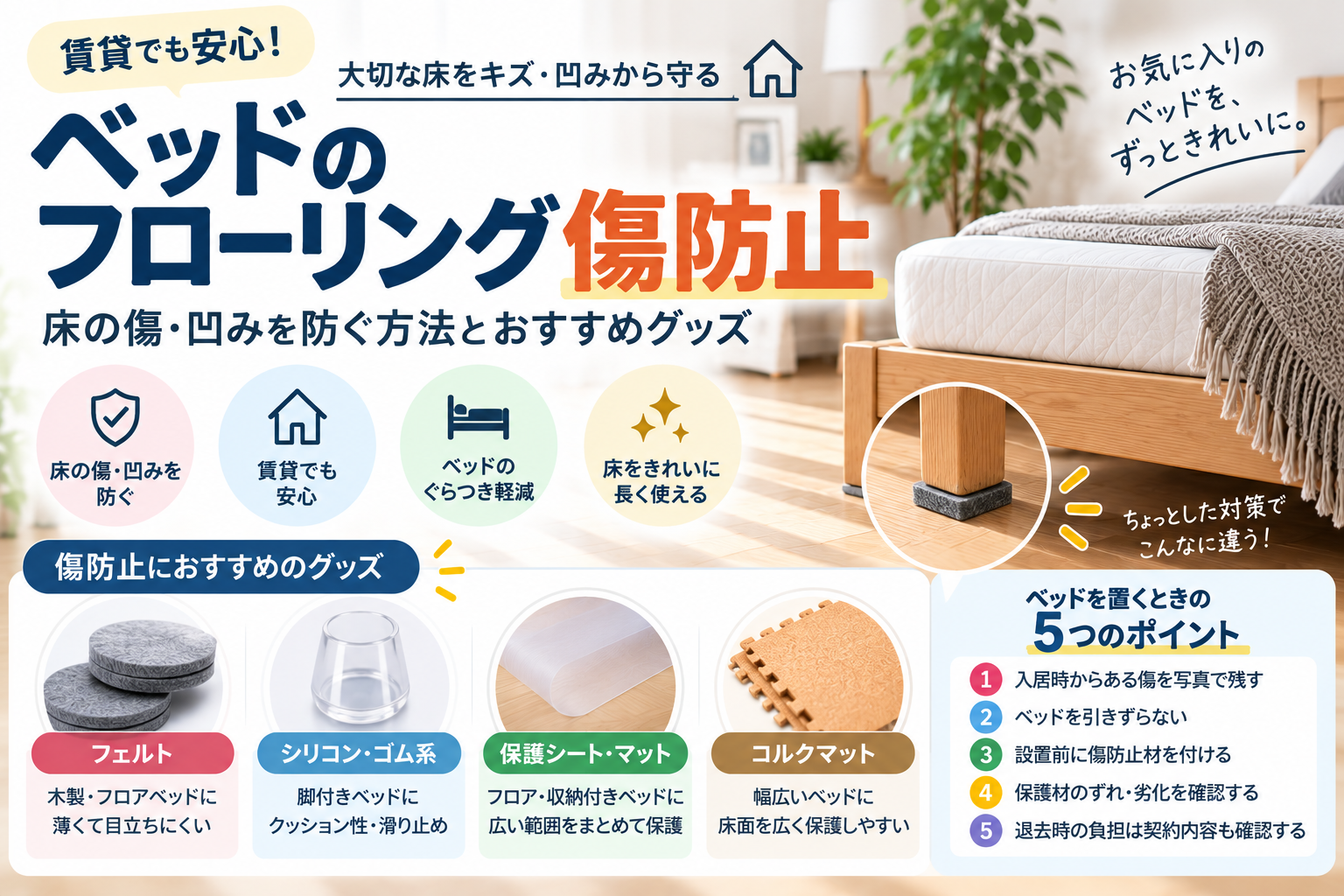 ベッドのフローリング傷防止｜床の傷・凹みを防ぐ方法とおすすめグッズ