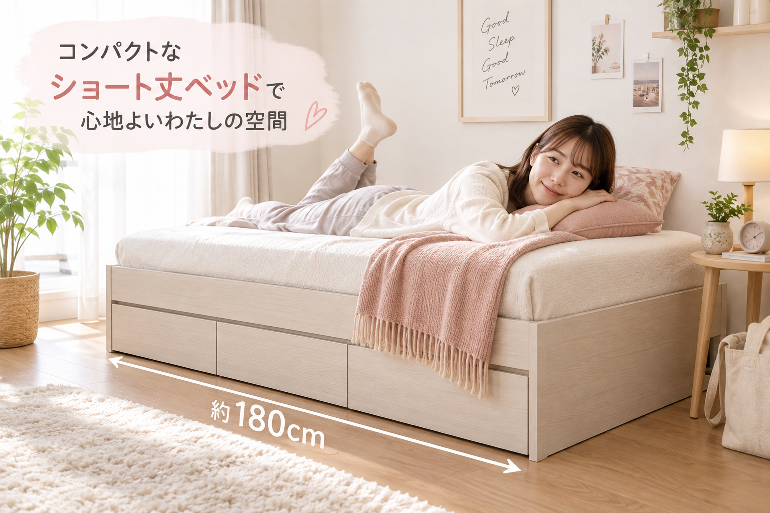 ショート丈のベッドに女性が横になっている