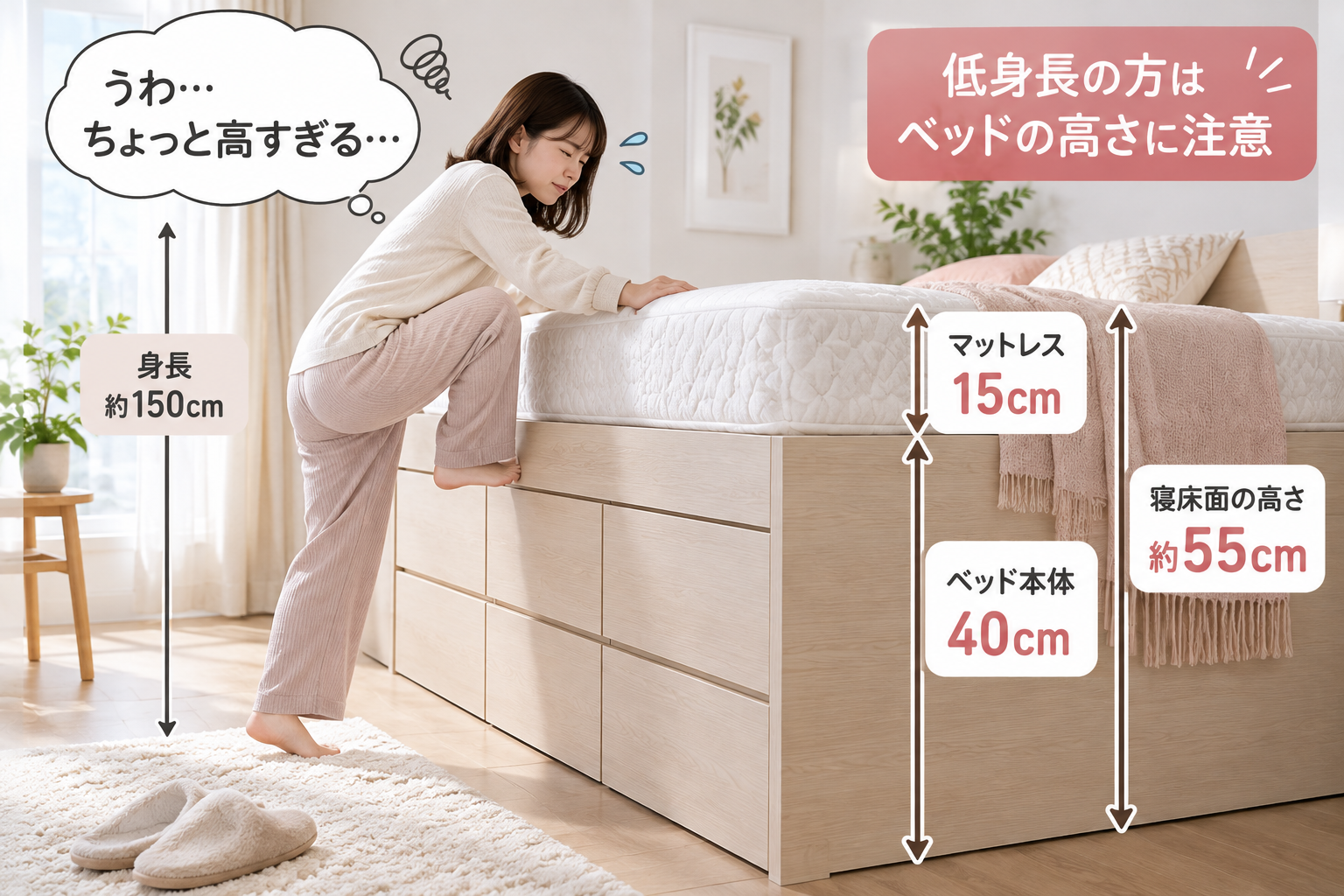 高さ40cmのチェストベッドに15cmのマットレスを乗せたベッドに低身長の女性が横になろうとするが、高すぎる