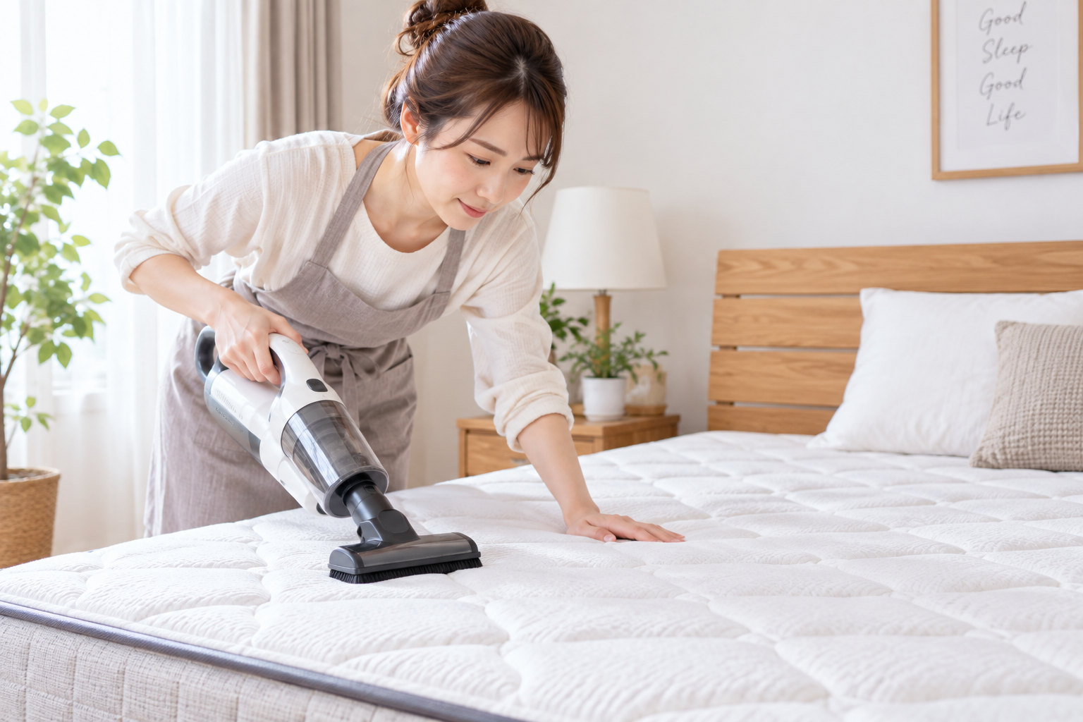 女性がマットレス表面を丁寧に掃除している