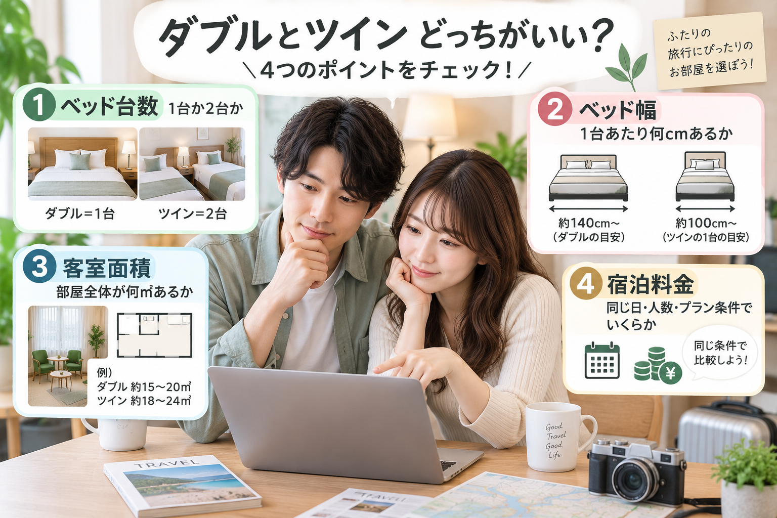 **① ベッド台数：**1台か2台か
**② ベッド幅：**1台あたり何cmあるか
**③ 客室面積：**部屋全体が何㎡あるか
**④ 宿泊料金：**同じ日・人数・プラン条件でいくらか