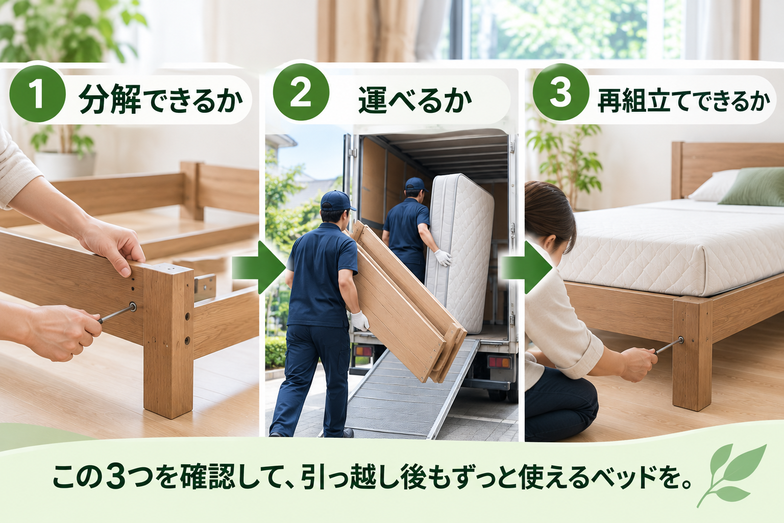 引っ越しでは**「分解できるか」「運べるか」「再組立てできるか」を別々に確認します。