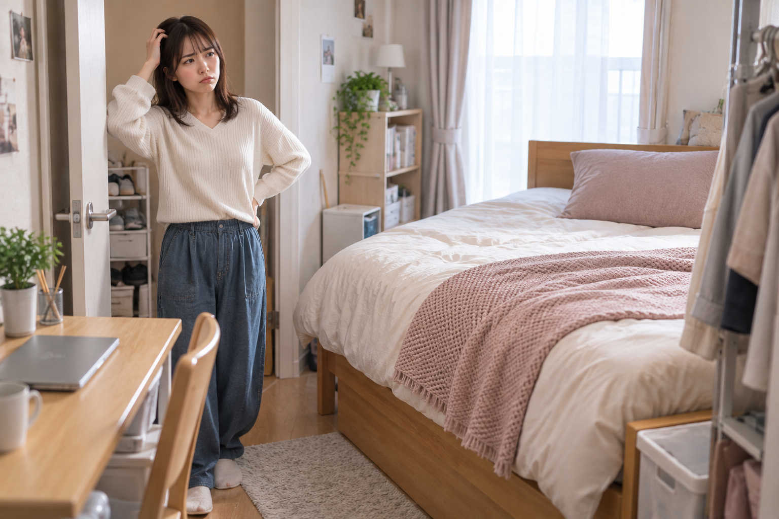 部屋のベッドが邪魔そうにしている女性