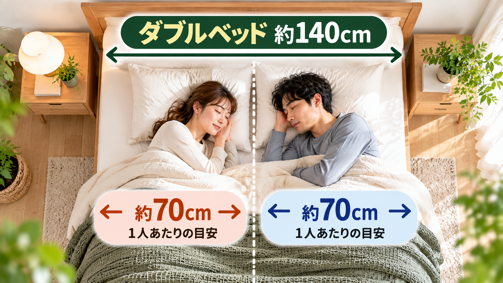 幅約140cmのダブルベッドに2人で寝た場合の1人あたり約70cmの広さ