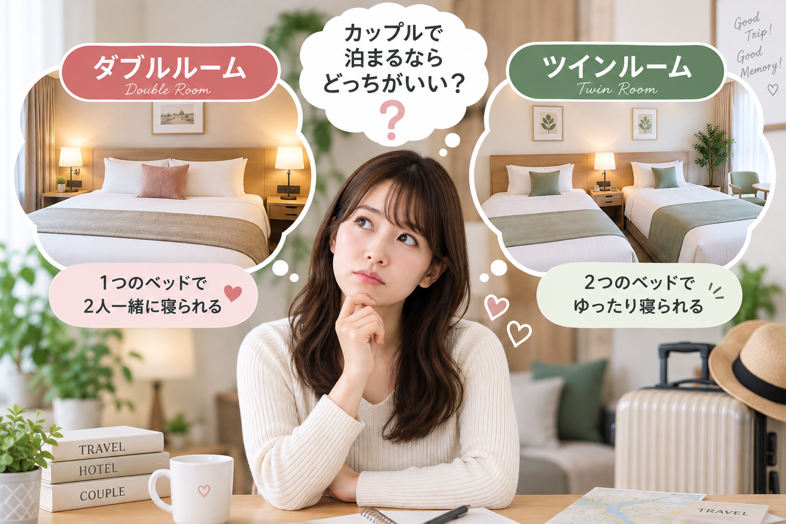 カップルで泊まるならダブルとツインどっちがいいか考えている