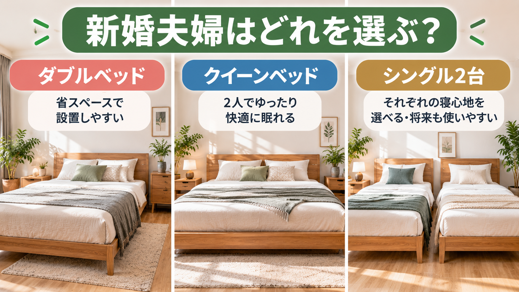 新婚夫婦向けにダブル・クイーン・シングル2台のベッドを比較した図