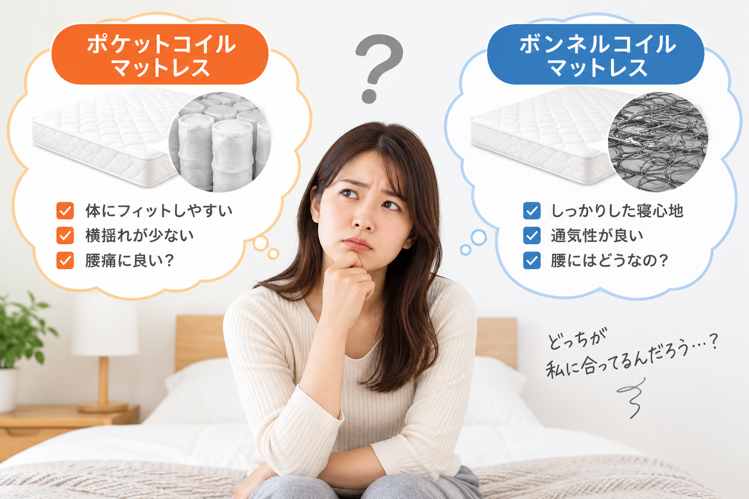 腰痛の女性がポケットコイルにしようかボンネルコイルにしようか迷っている