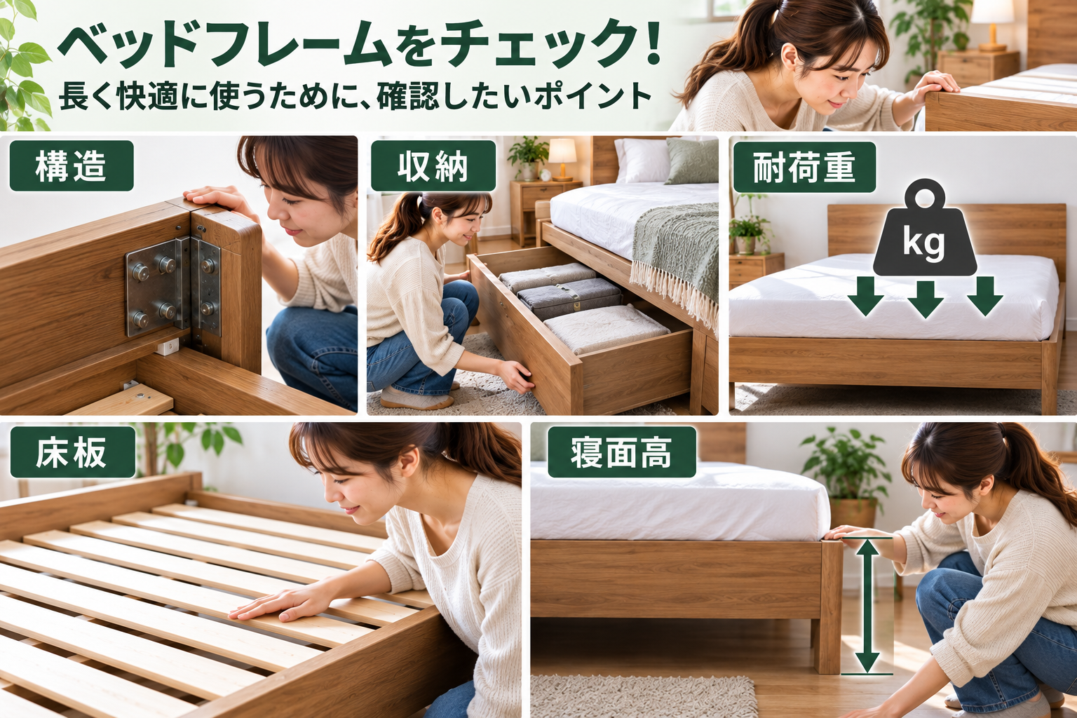 女性がベッドフレームの構造・収納・耐荷重・床板・寝面高 をチェックしている