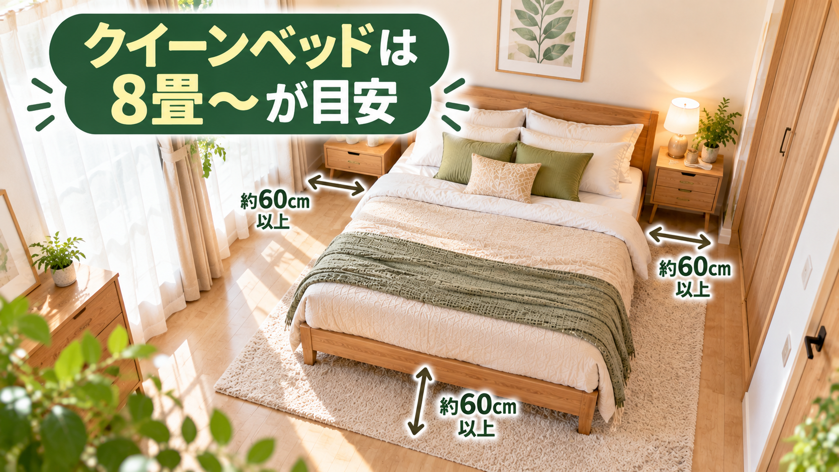 8畳の寝室にクイーンベッドを置いたレイアウトの目安