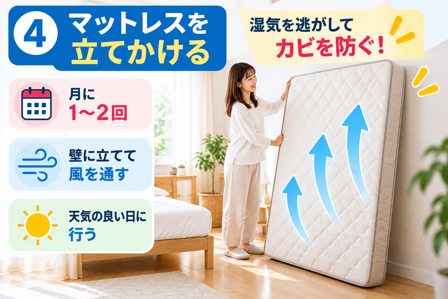 マットレスを立てて湿気対策