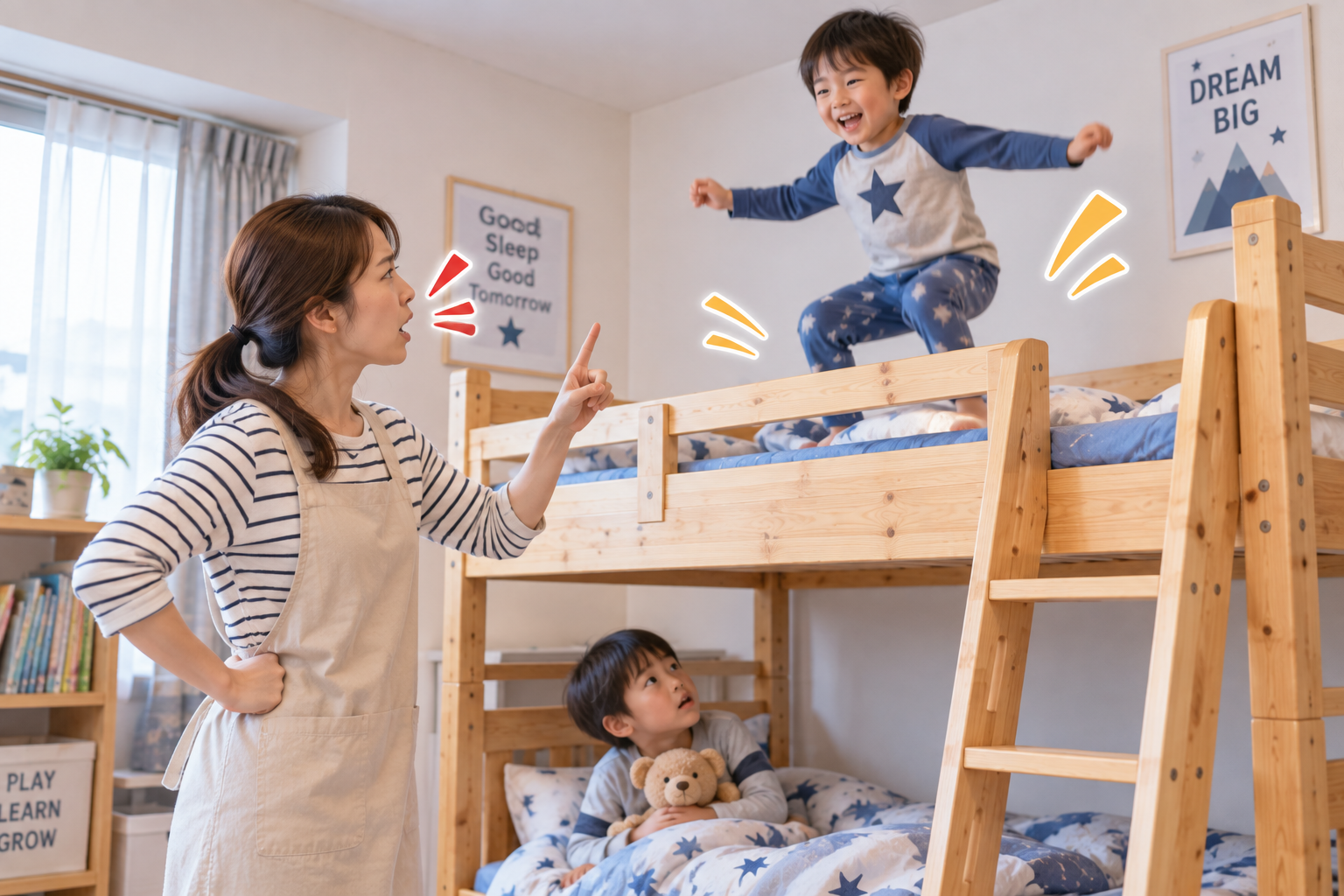 二段ベッドで飛び跳ねている子供に、お母さんが注意している