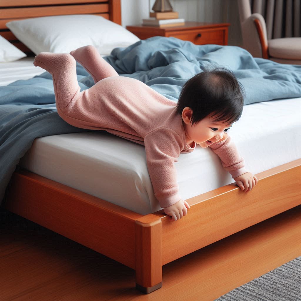 赤ちゃんがベッドから転落しそうになっている