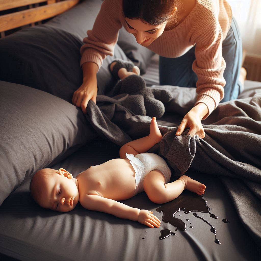 赤ちゃんがベッドでおもらししたので、お母さんがシーツを変えている