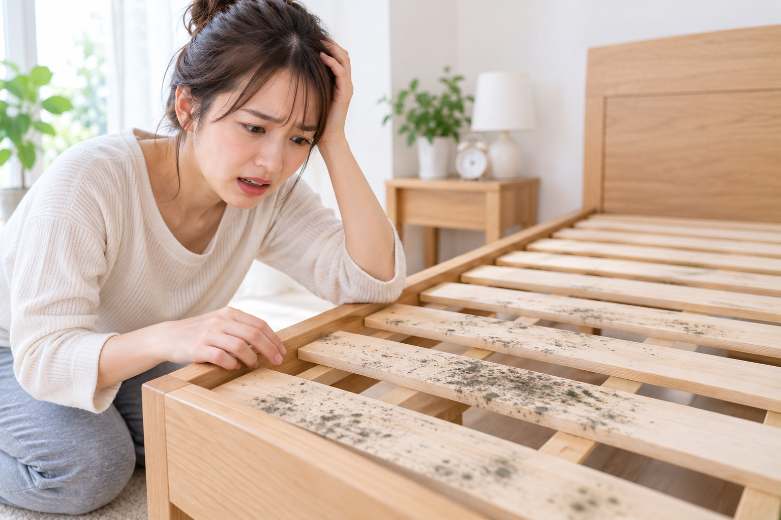 カビを調べる寝室の女性