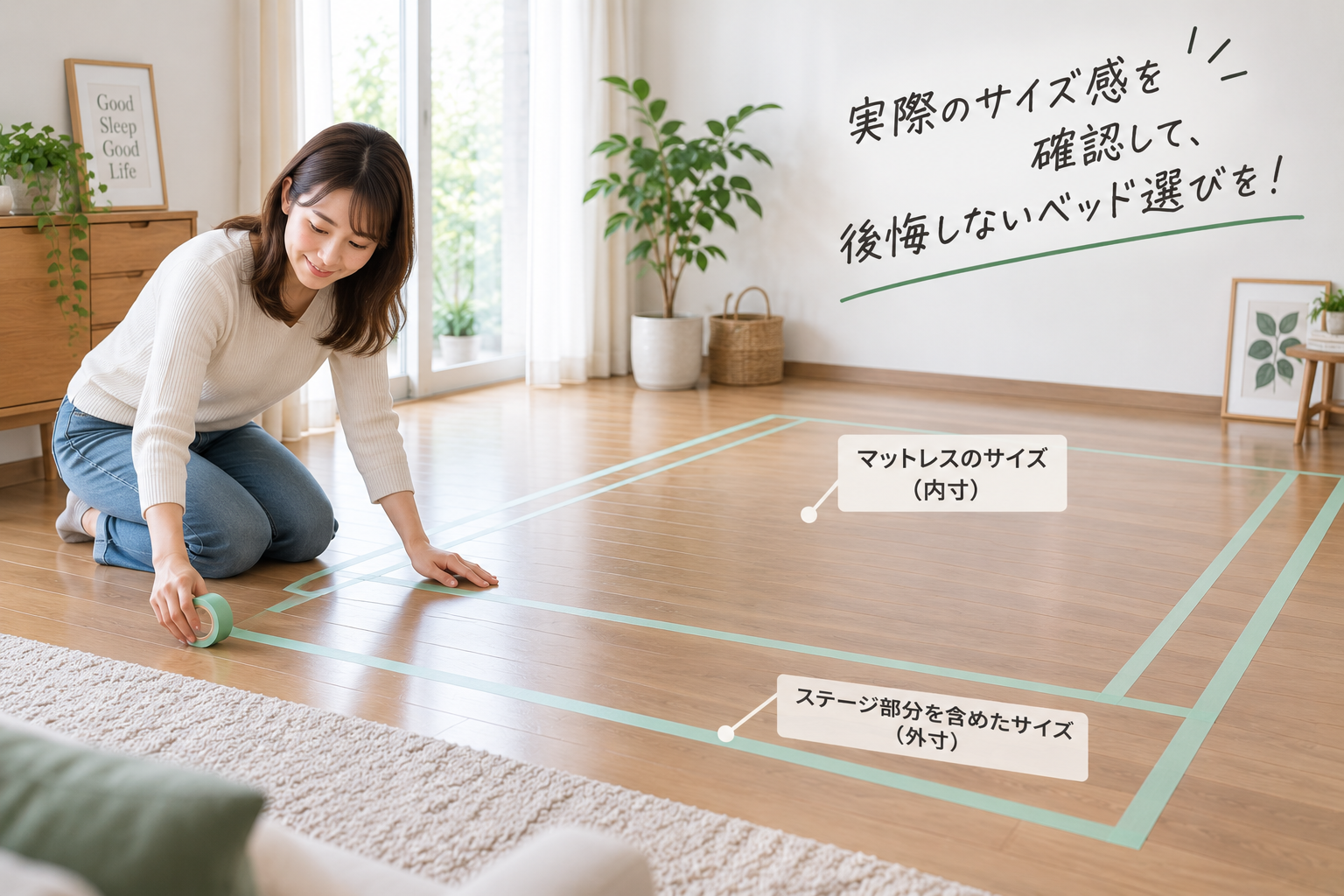 ステージタイプのローベッド購入前に部屋でマスキングテープを使って、外寸のイメージをしている