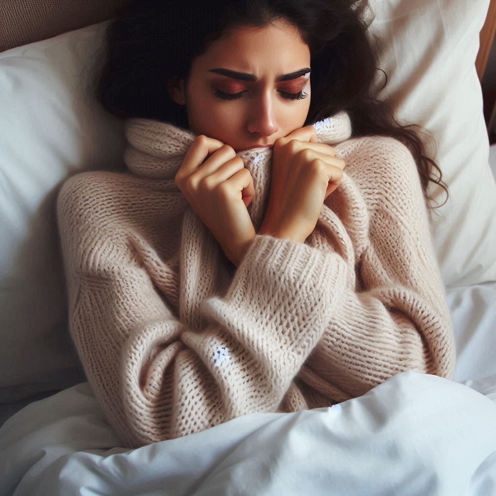 ベッドで寝ていると寒さで震えている女性
