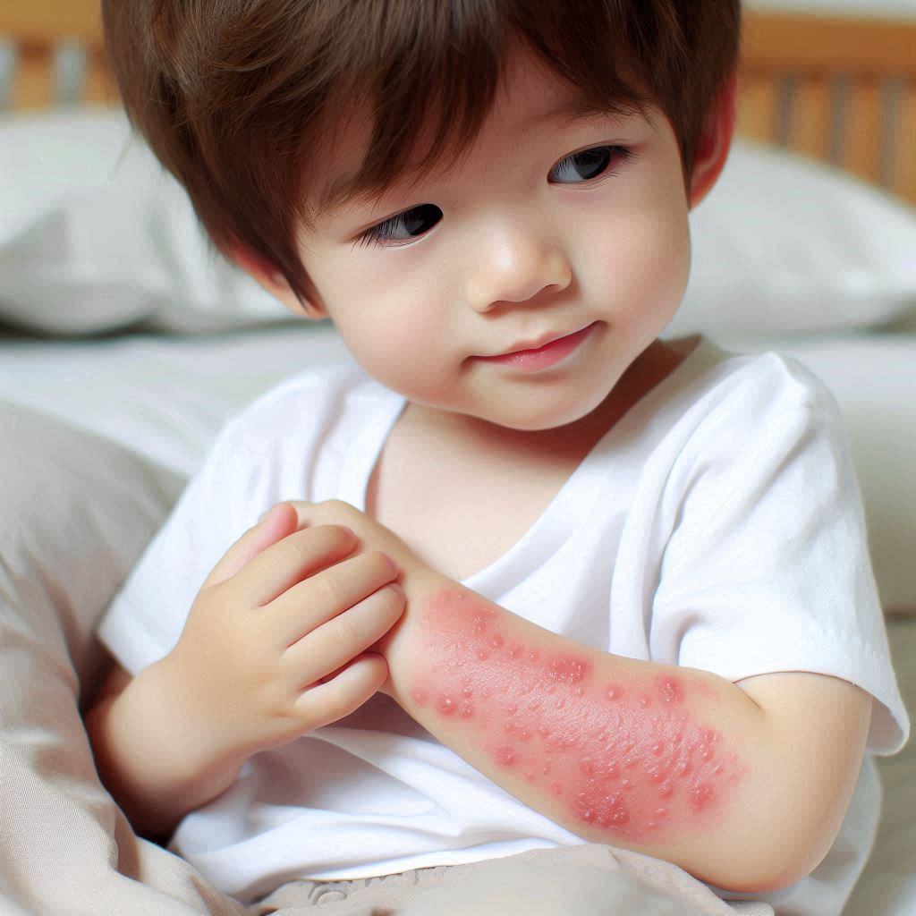 ベッドシーツとの摩擦で、腕にアトピー性皮膚炎が出てる子供