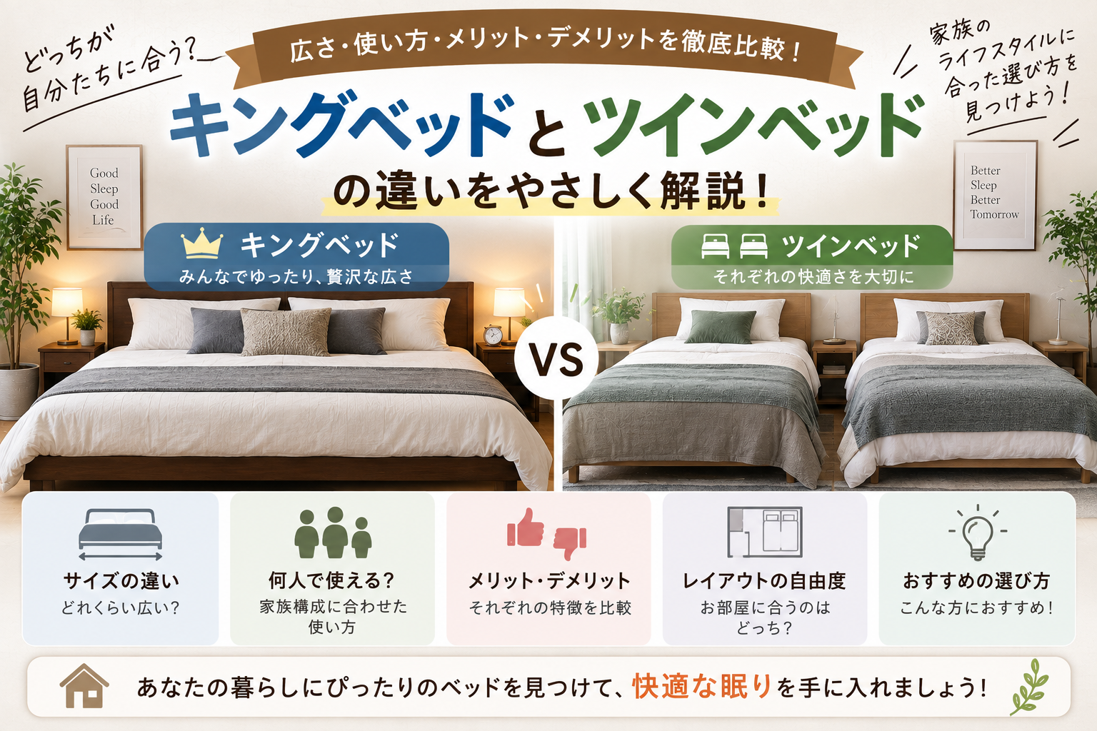 キングベッドとツインベッドの違い。ホテルで3人が宿泊する場合はどっち？