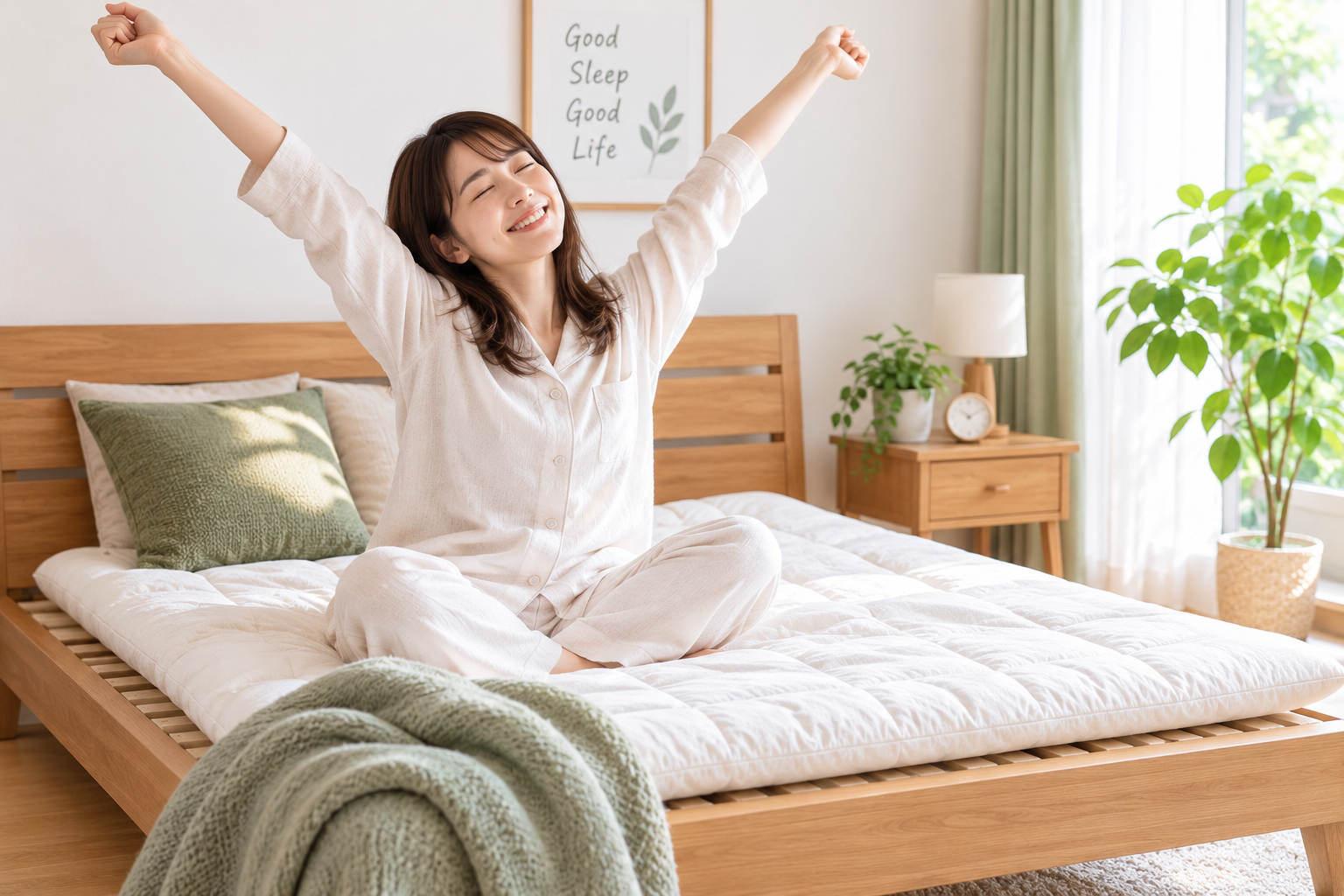 ベッドに敷布団を敷いて喜んでいる