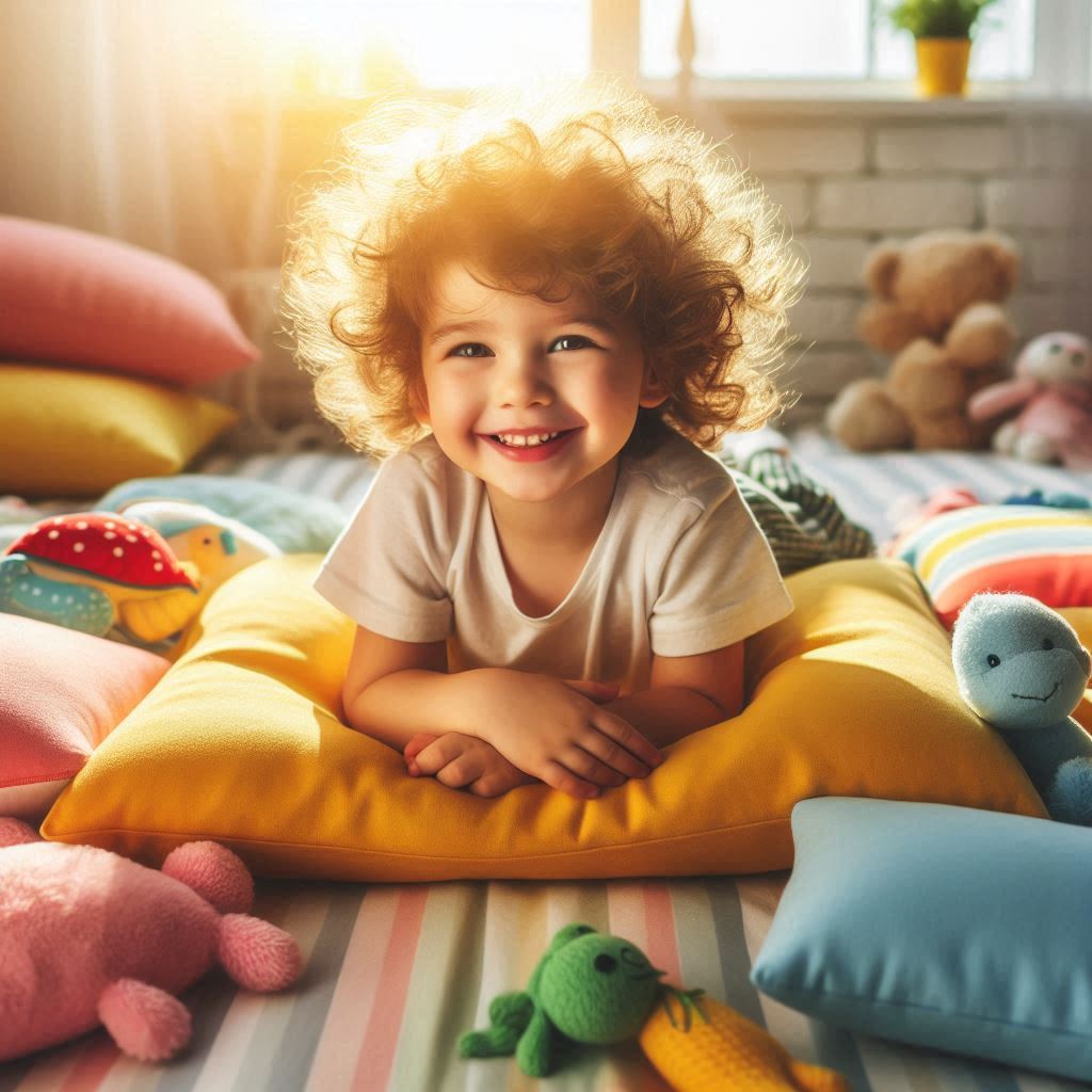 子供がマットレスに横になっている。