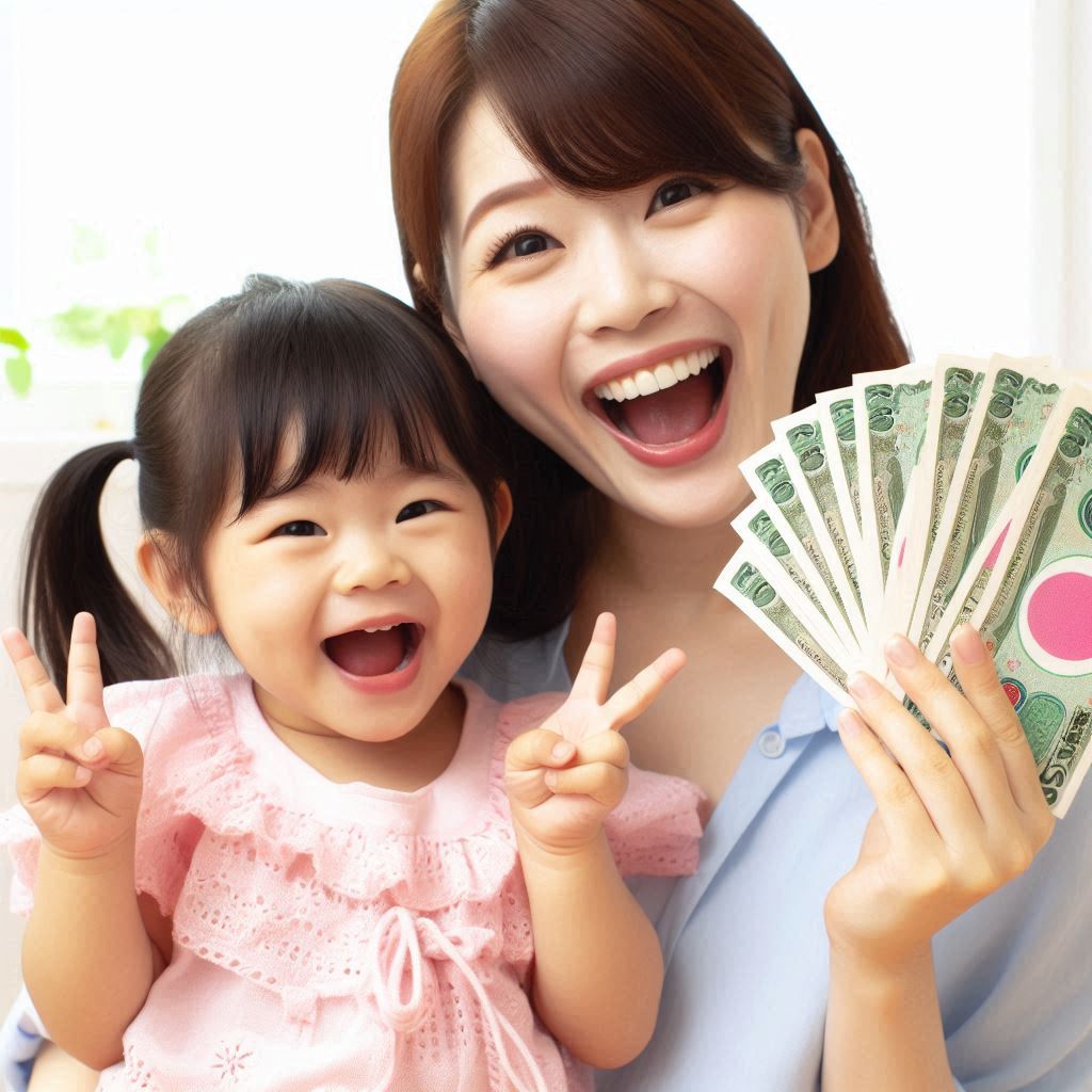 お母さんが楽しそうに貯金をしている。