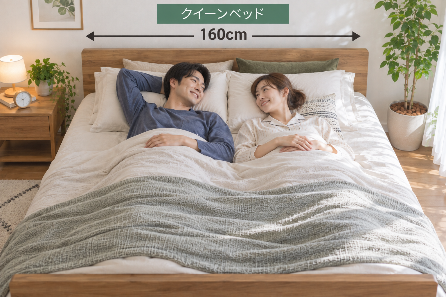 クイーンベッドに新婚夫婦が横になっている