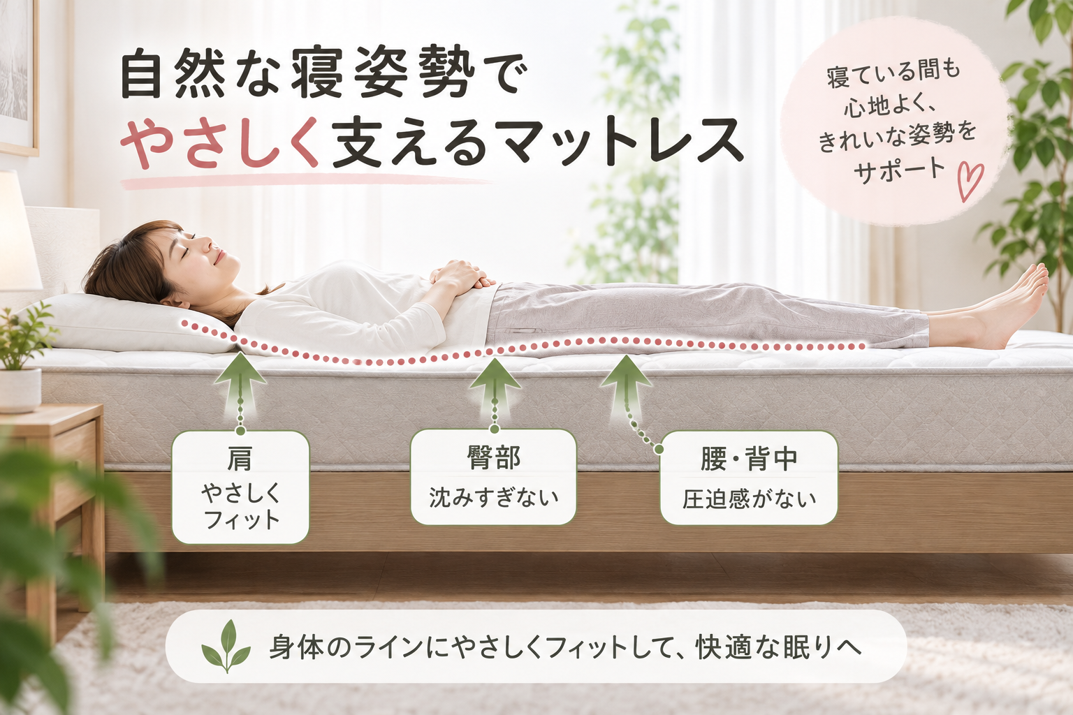 仰向けで、臀部だけ沈みすぎず、腰や背中に強い圧迫感がないマットレスに横になっている女性