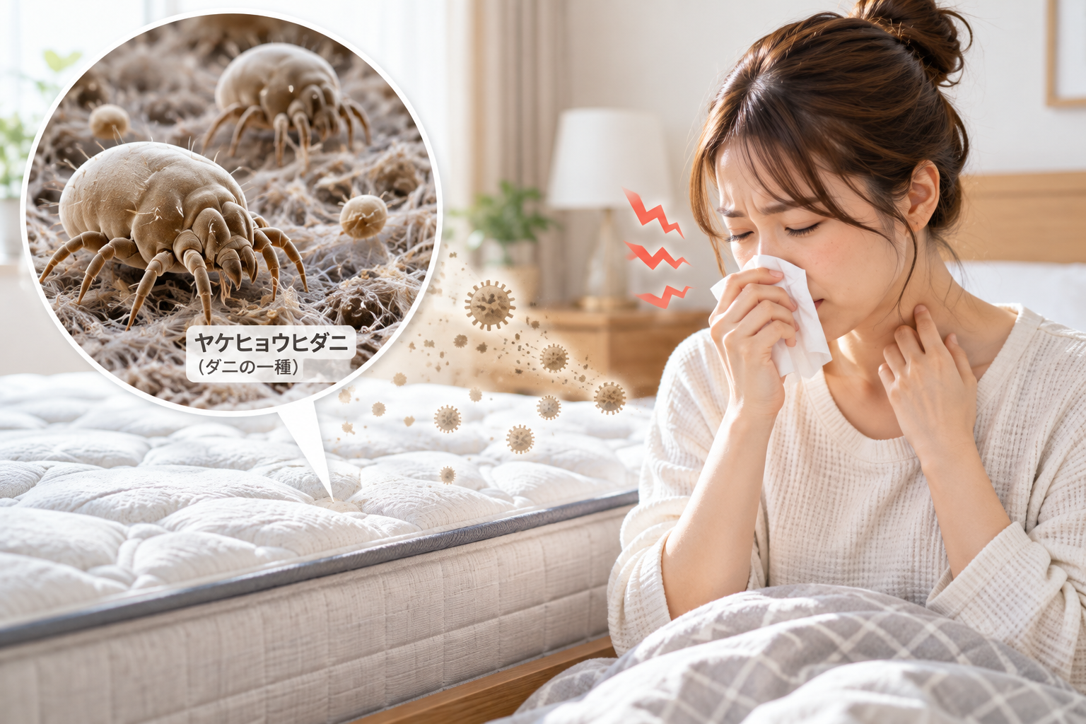 ヒョウヒダニがマットレスにいて、女性がアレルギーでしんどそうにしている