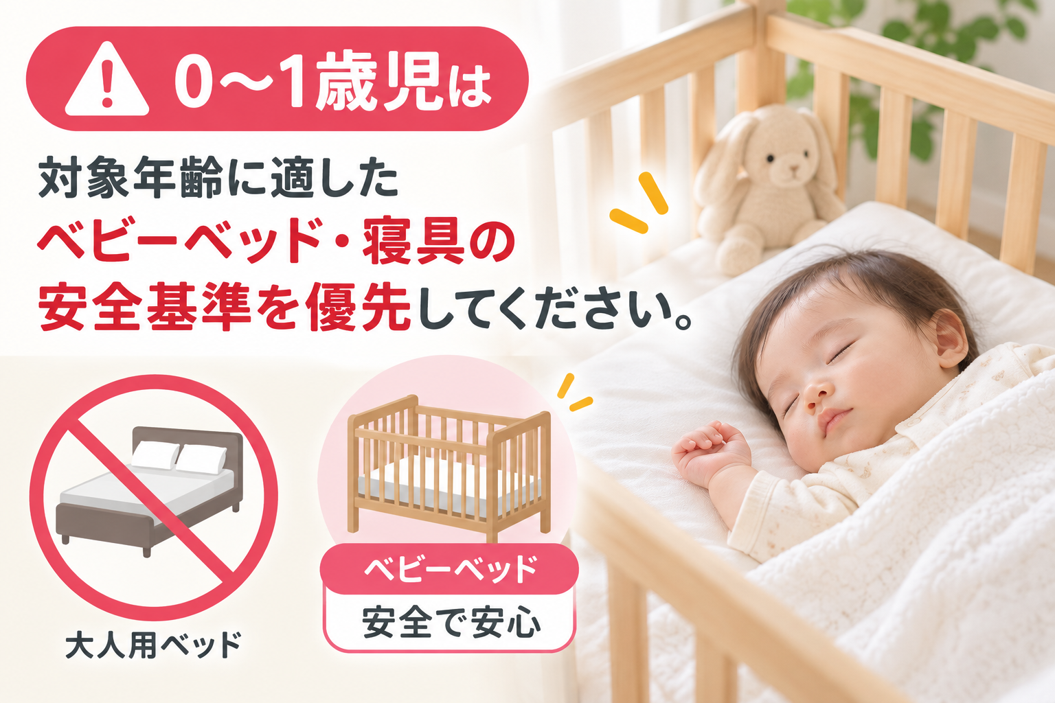 0~1歳児は、対象年齢に適したベビーベッド・寝具の安全基準を優先してください。