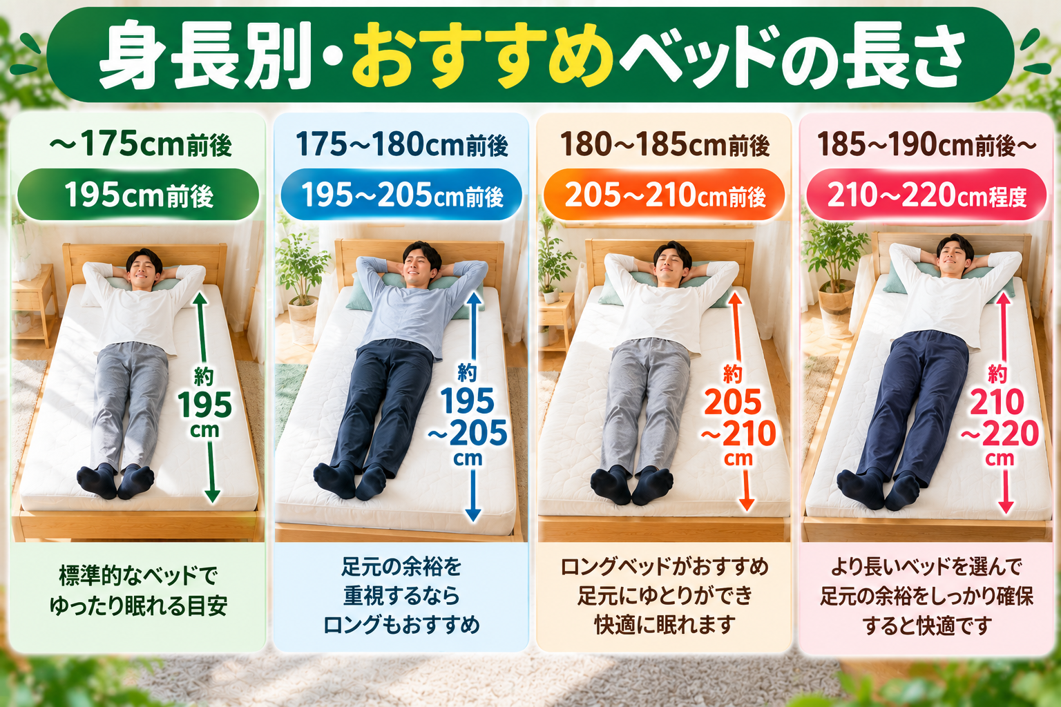 身長別にロングベッドのおすすめ長さを示した目安図