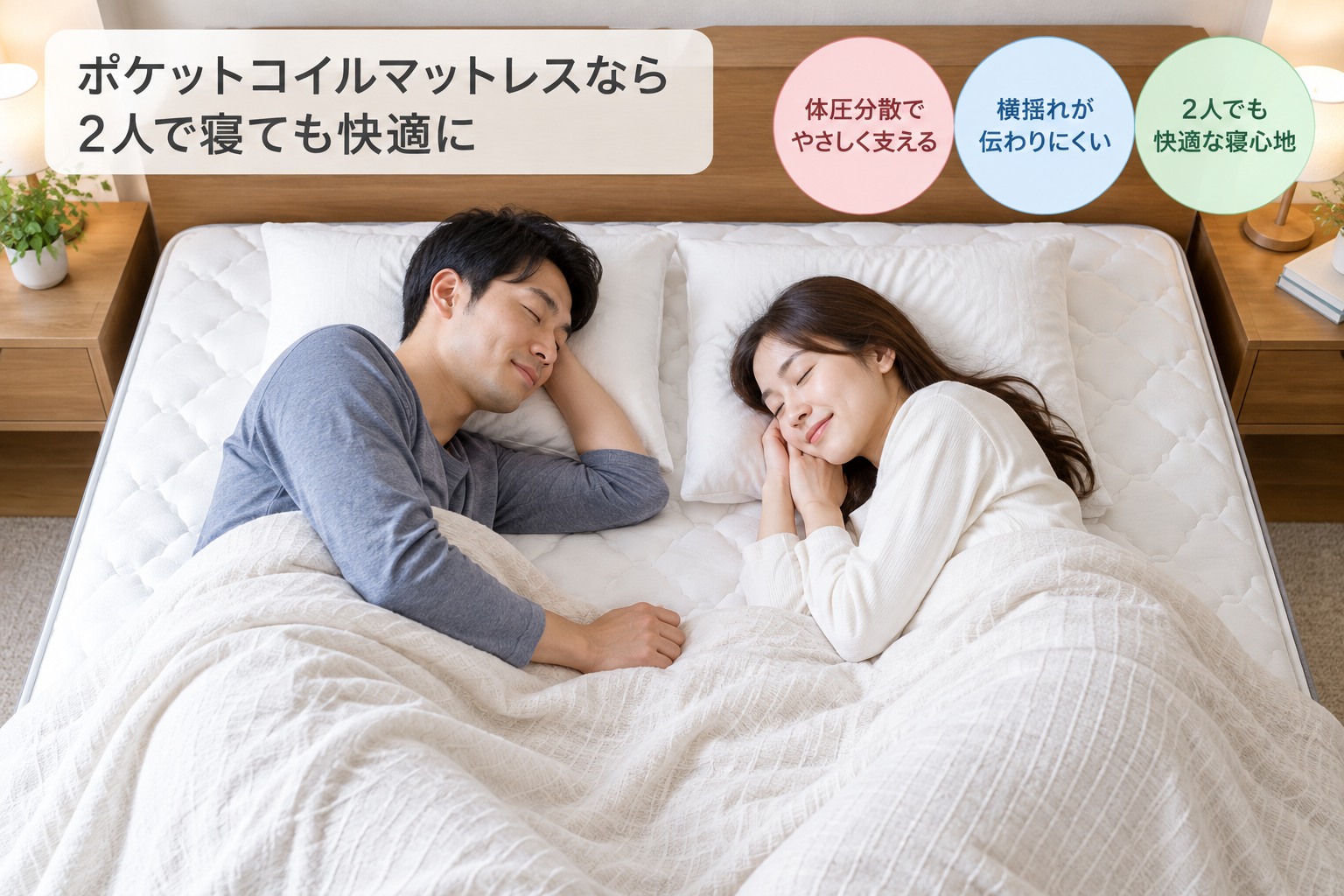 一枚のマットレスにポケットコイルを敷いて、快適に横になっているカップル