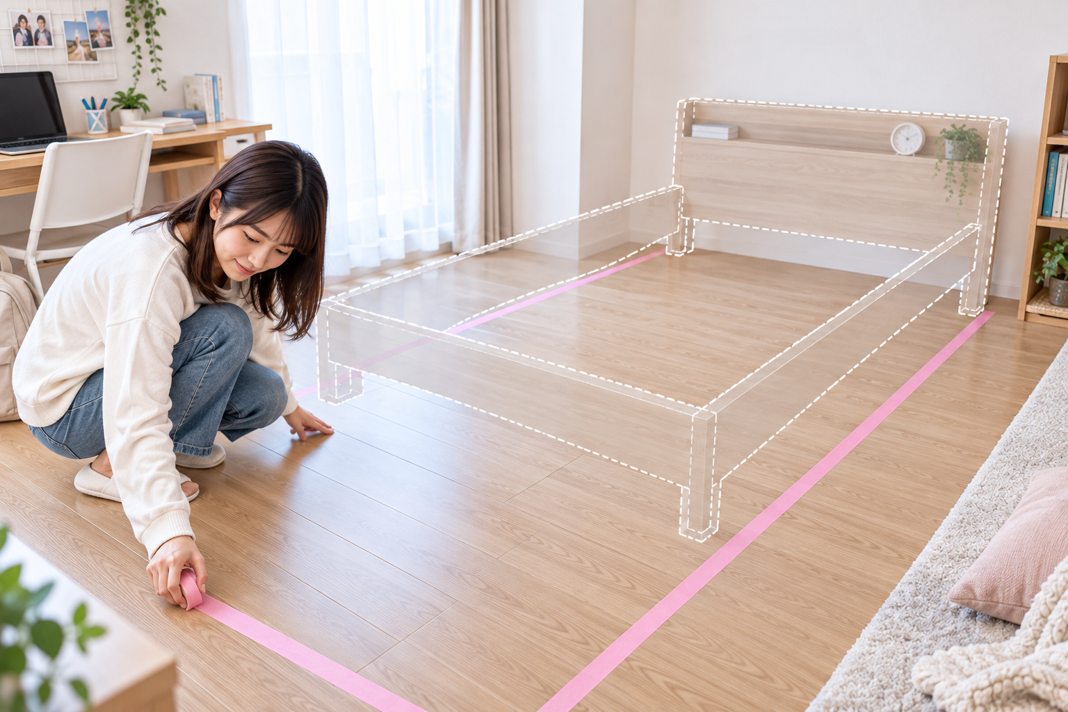 部屋でマスキングテープを使いながら、ヘッドボードやサイドフレームを含めた「ベッド外寸」を確認している女子大学生